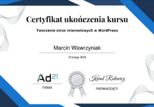 Certyfikat kursu tworzenia stron od firmy Ad21